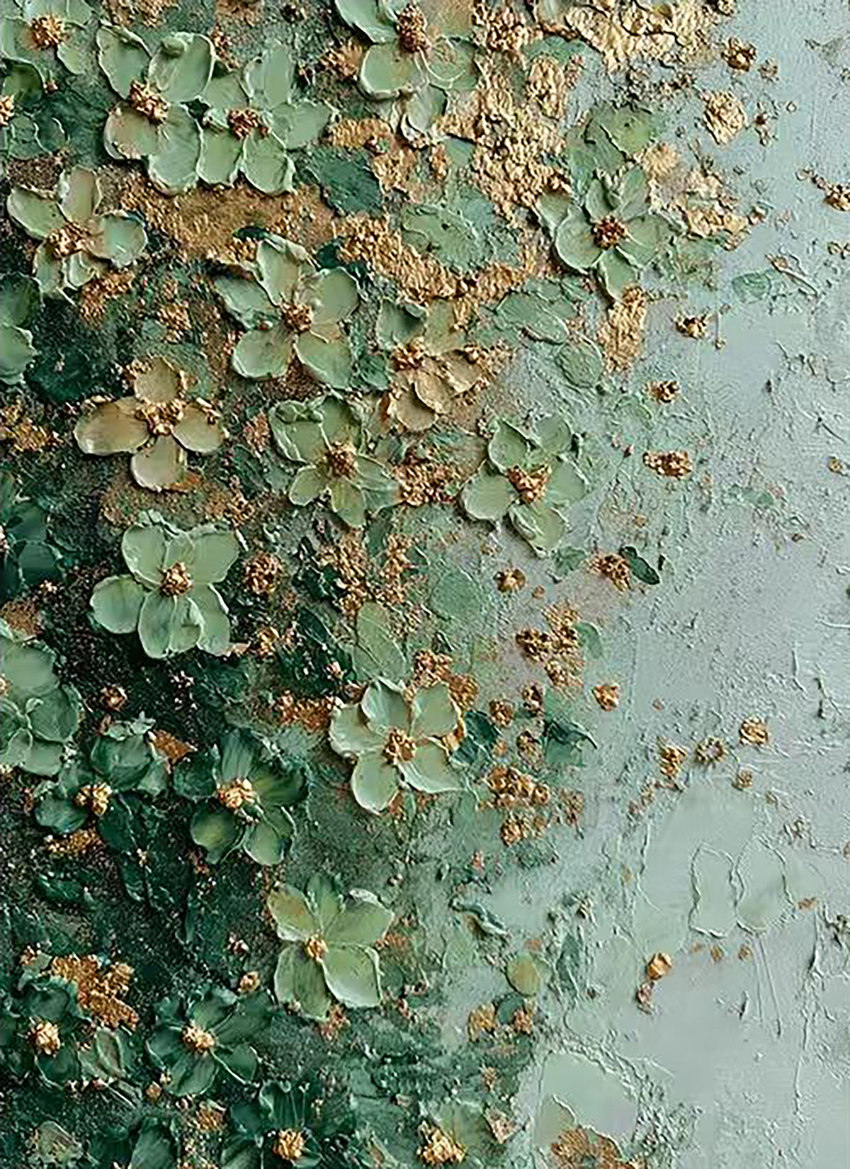 Jade-green relief blossoms scattered with gold over pale teal