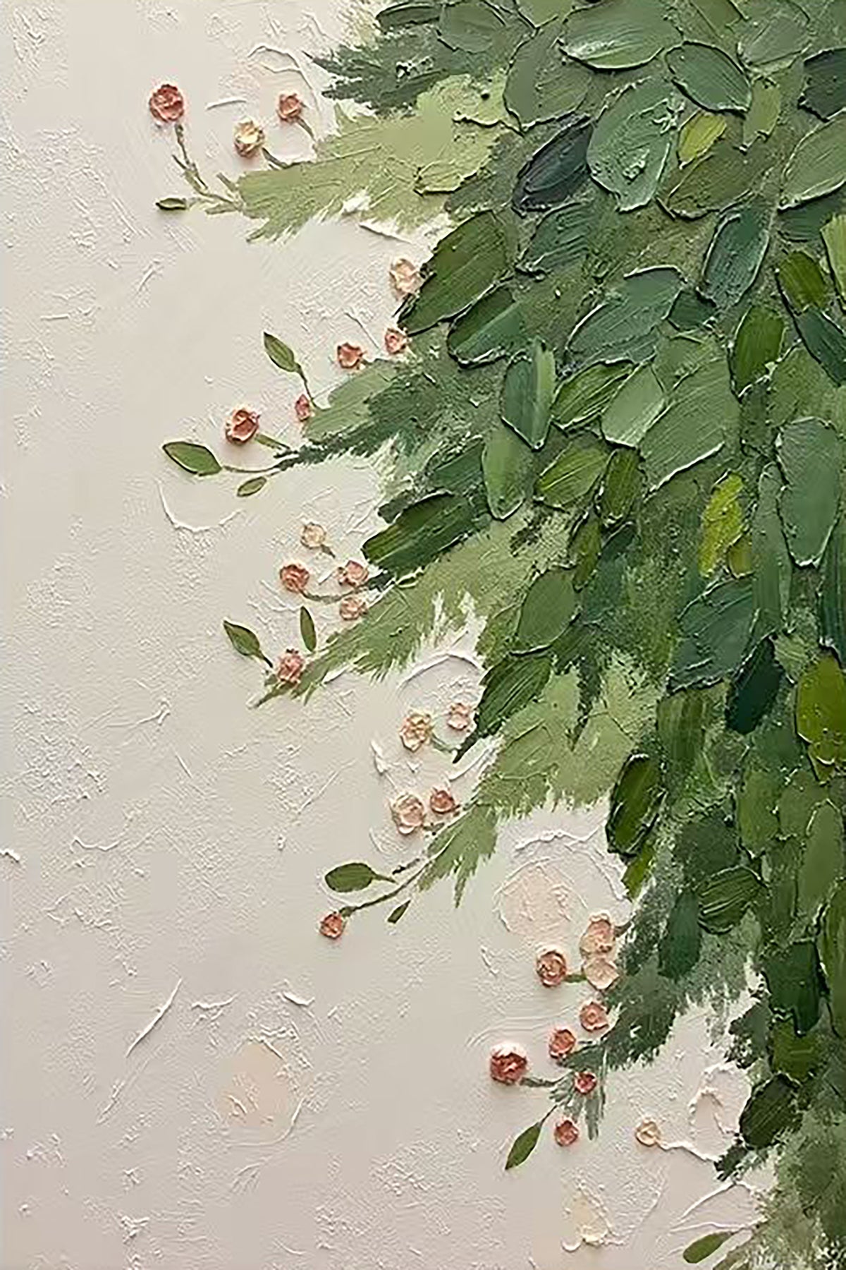 Green foliage tumbling down a cream wall with small pink buds