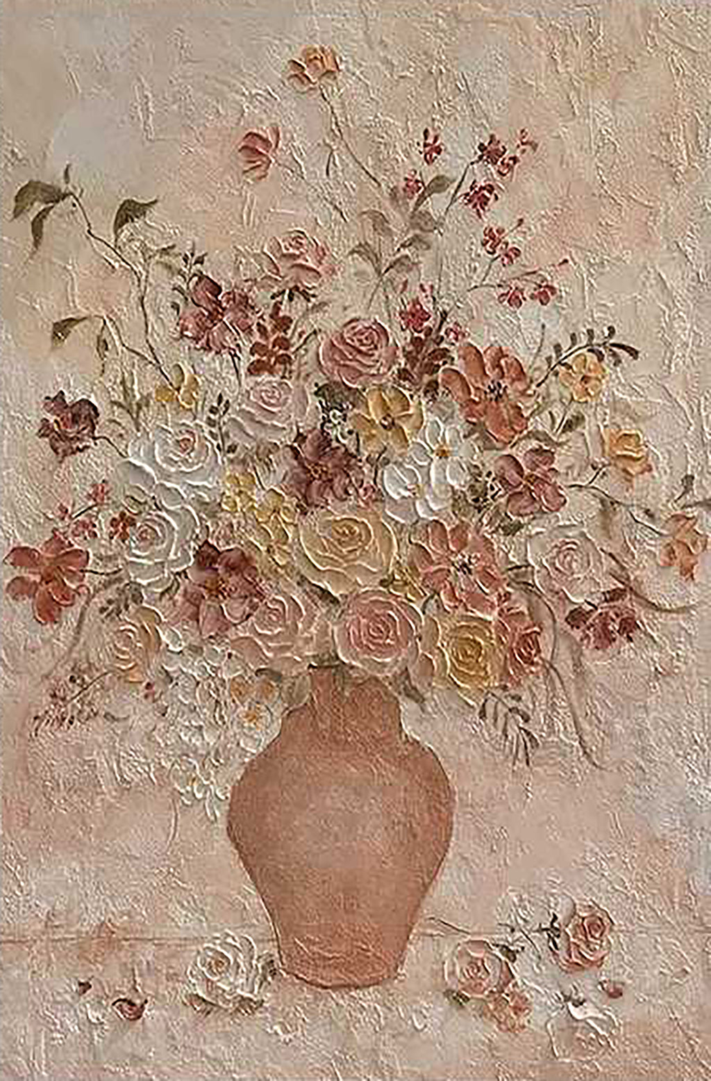 Dusty pink roses in a terracotta vase in soft relief