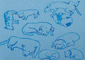 Blue line sketches of curled sleeping puppies on light blue