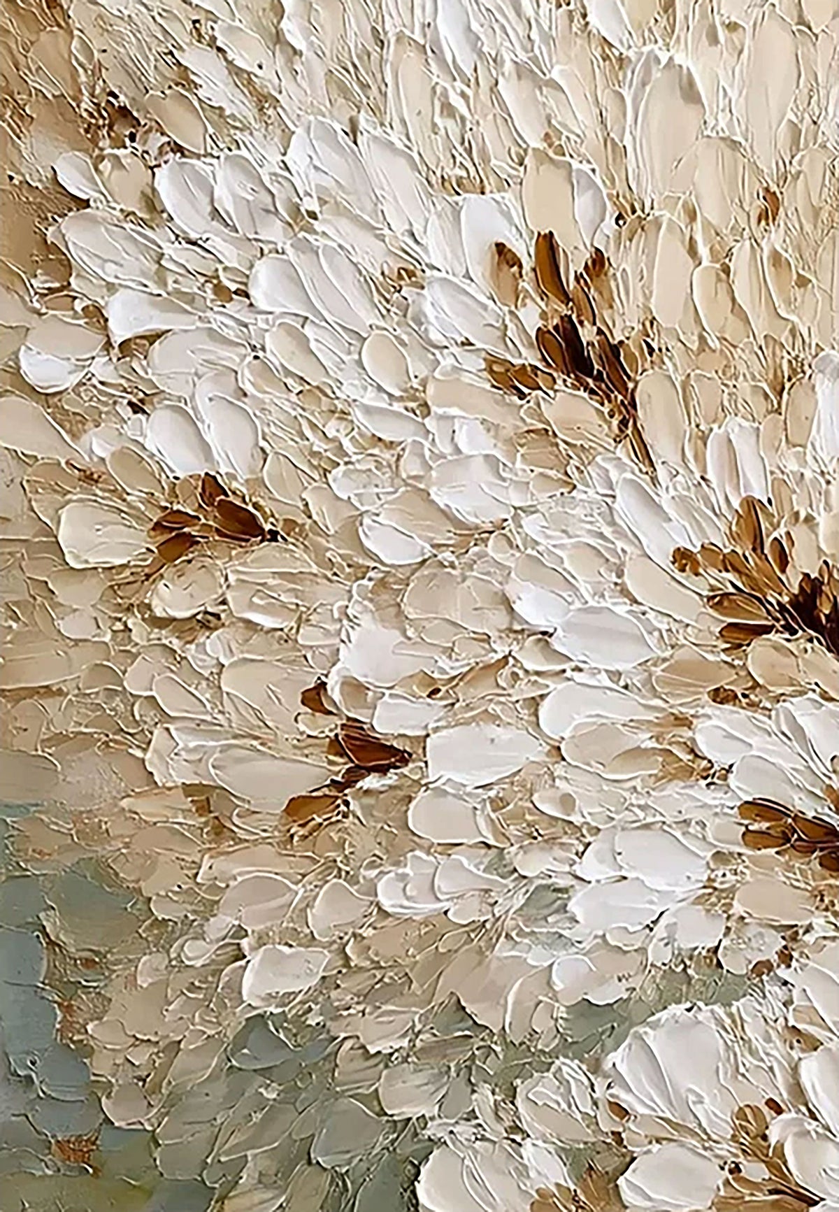 Thick ivory and umber petals bursting across the canvas