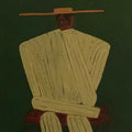 A seated figure in a ribbed cream coat and wide hat on deep green