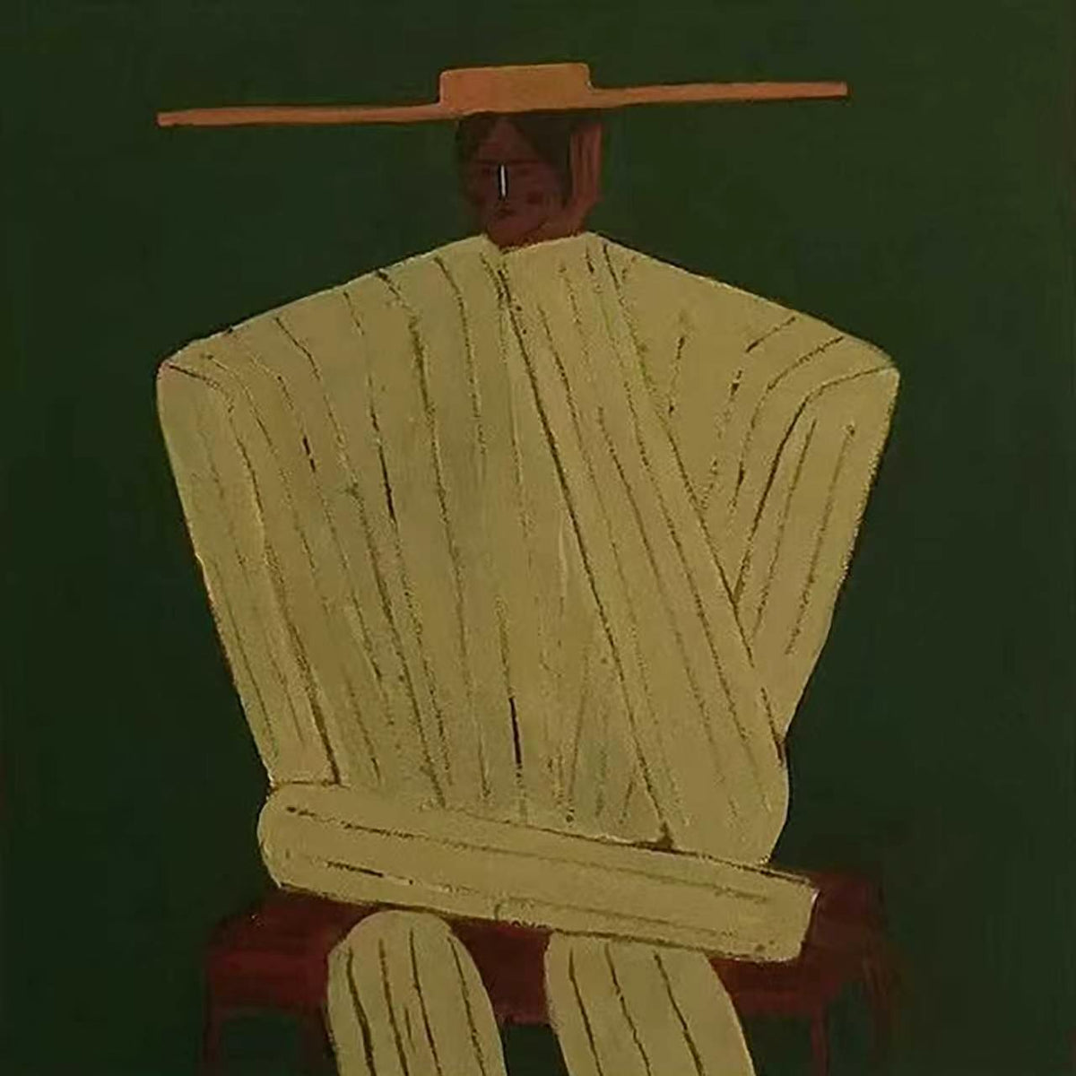A seated figure in a ribbed cream coat and wide hat on deep green