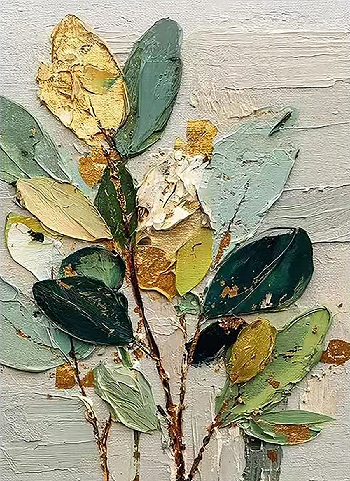 Sculpted leaves in sage, olive and gold leaf on pale grey