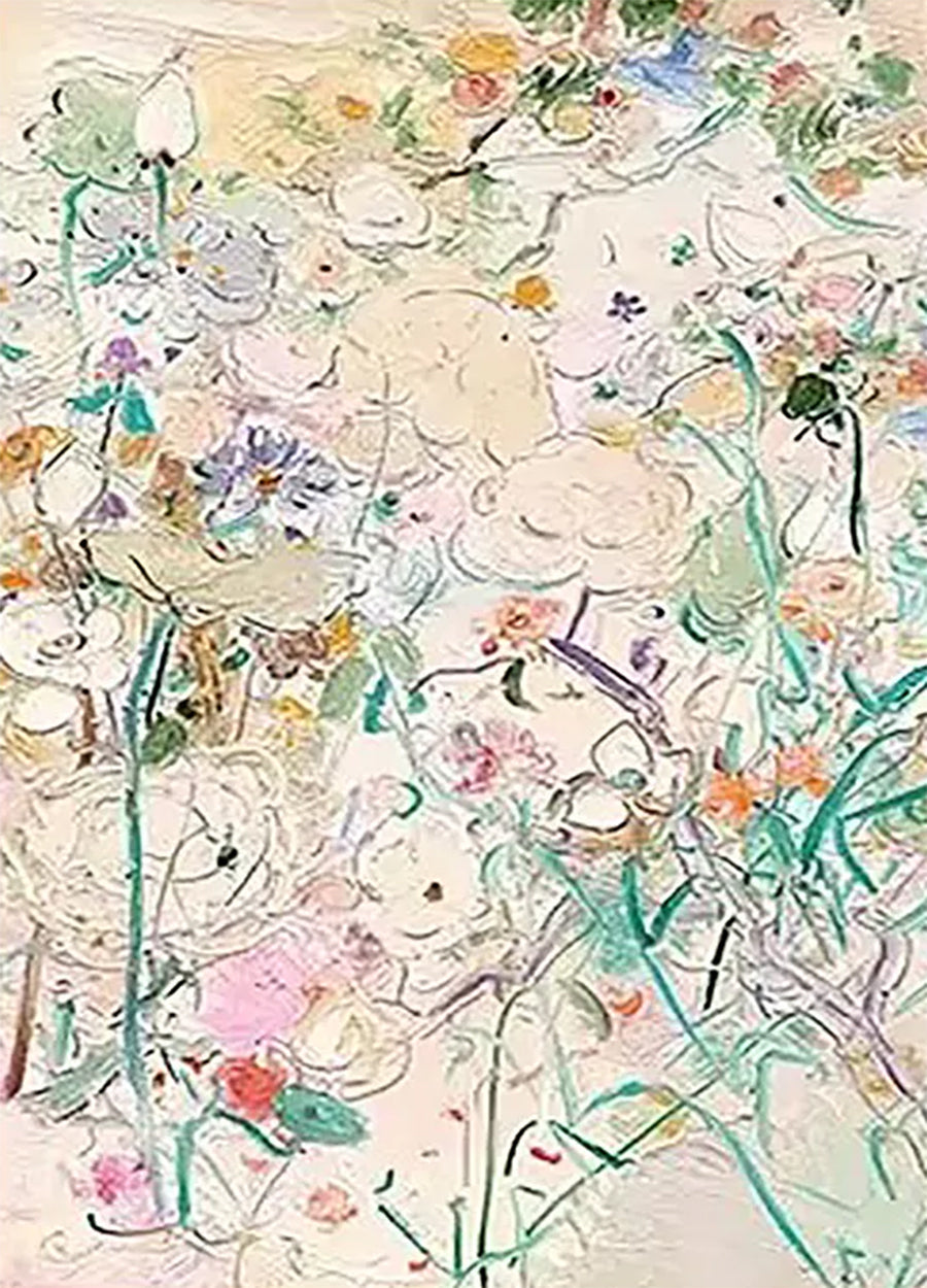 A dense tangle of pastel flowers and green stems