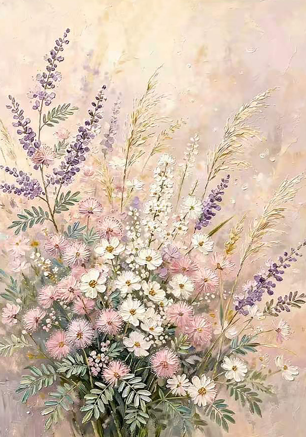 Lavender sprigs and small daisies in soft pastel light