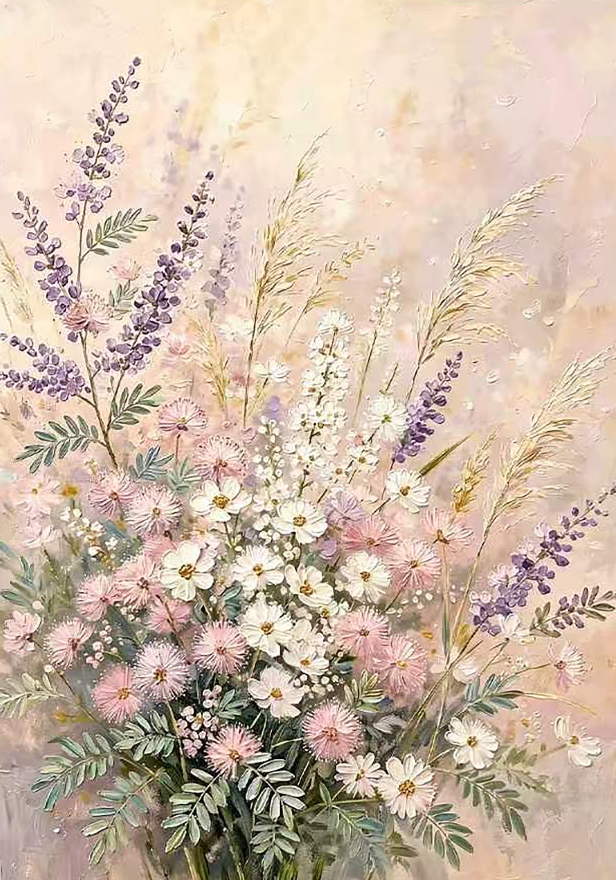 Lavender sprigs and small daisies in soft pastel light