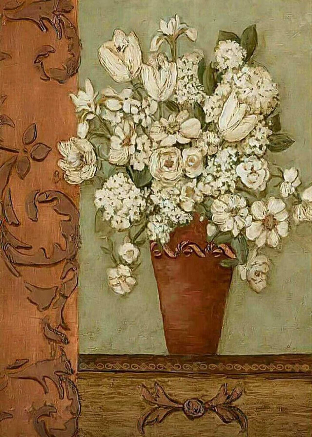 A white bouquet in a terracotta pot beside a carved panel