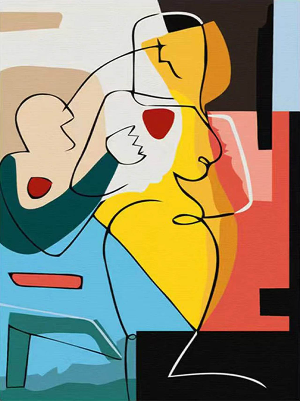 Two faces drawn in a single black line over bright colour blocks