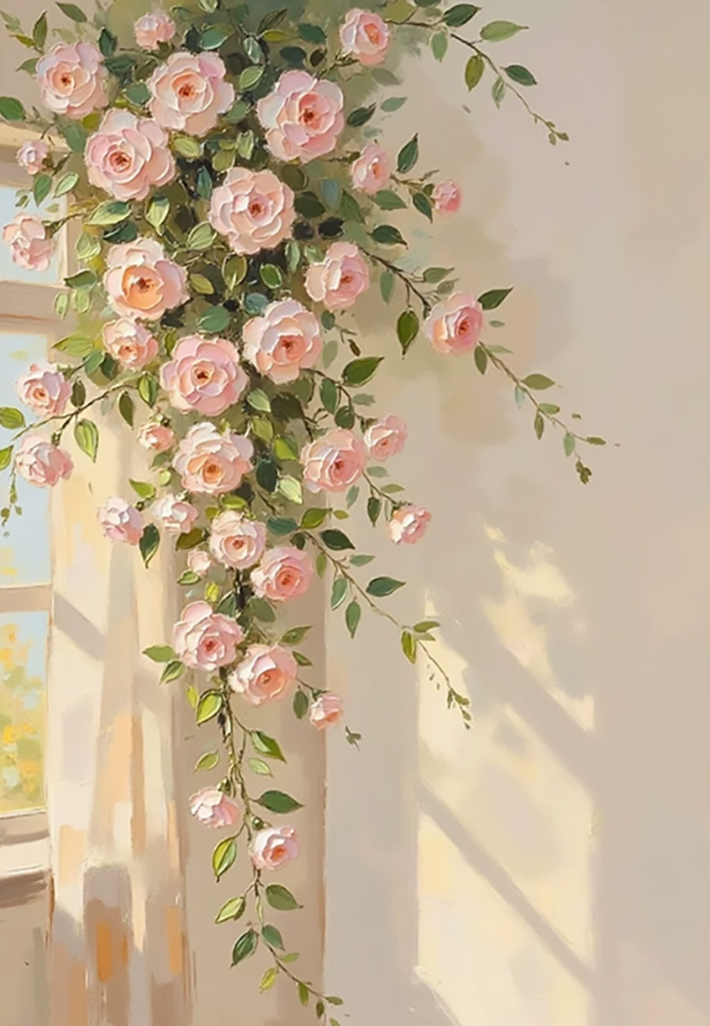 Pale pink roses trailing beside a sunlit window