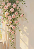 Pale pink roses trailing beside a sunlit window