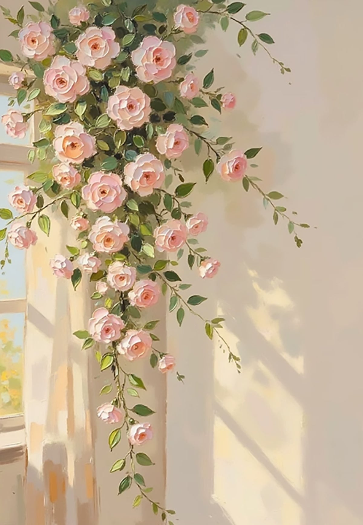 Pale pink roses trailing beside a sunlit window