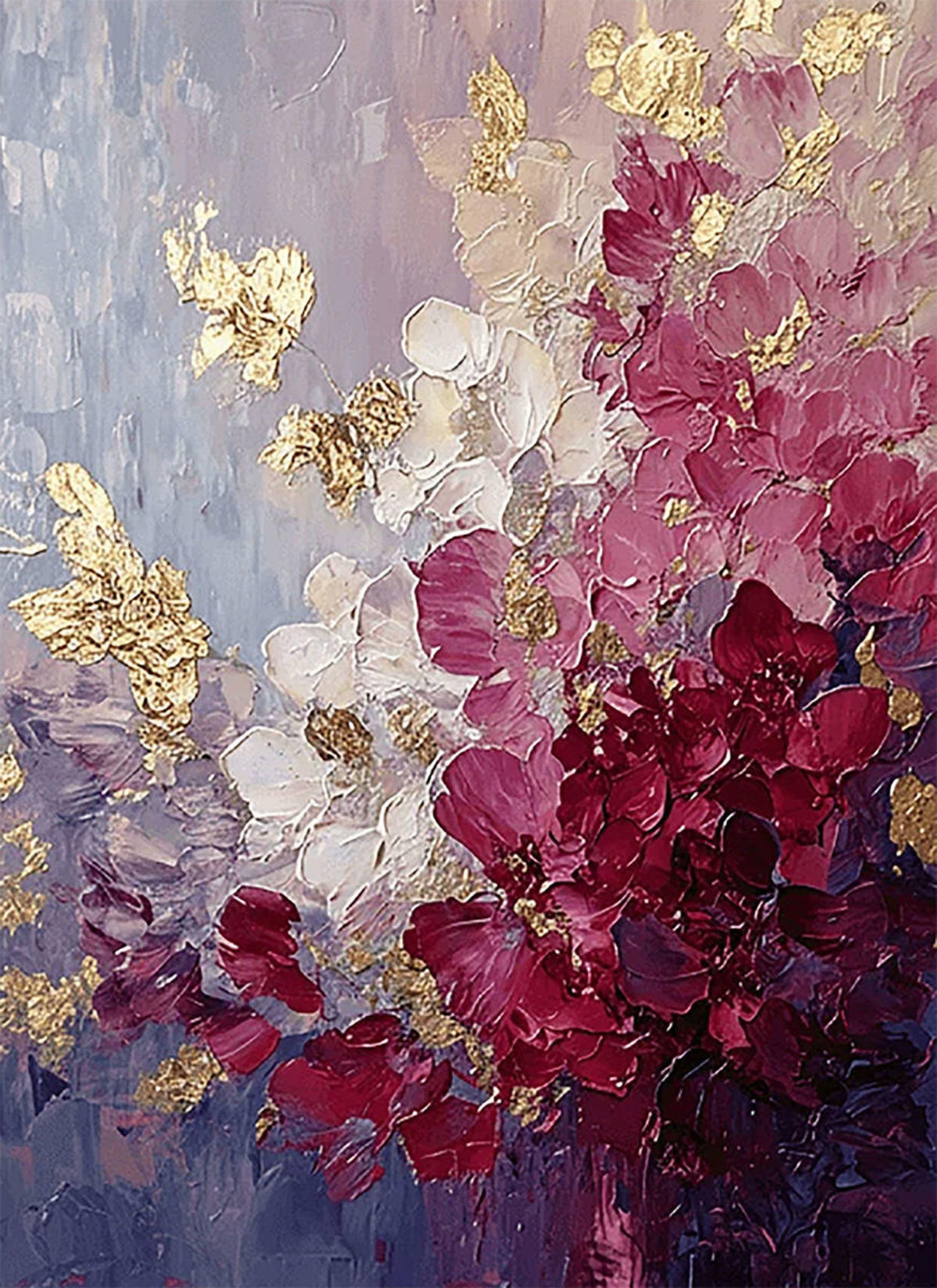 Magenta, white and lilac blossoms flecked with gold leaf