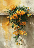 Golden blossoms spilling down a weathered ochre wall