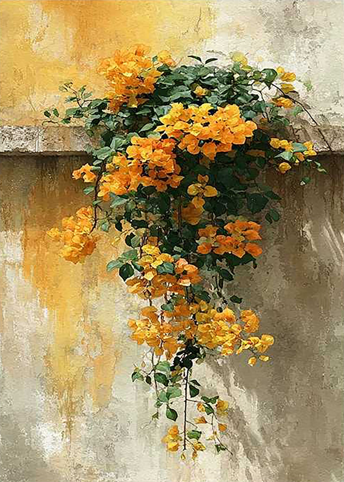 Golden blossoms spilling down a weathered ochre wall