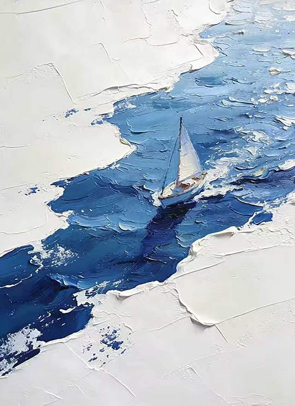 A tiny sailboat on a band of deep blue water through white texture