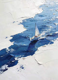 A tiny sailboat on a band of deep blue water through white texture