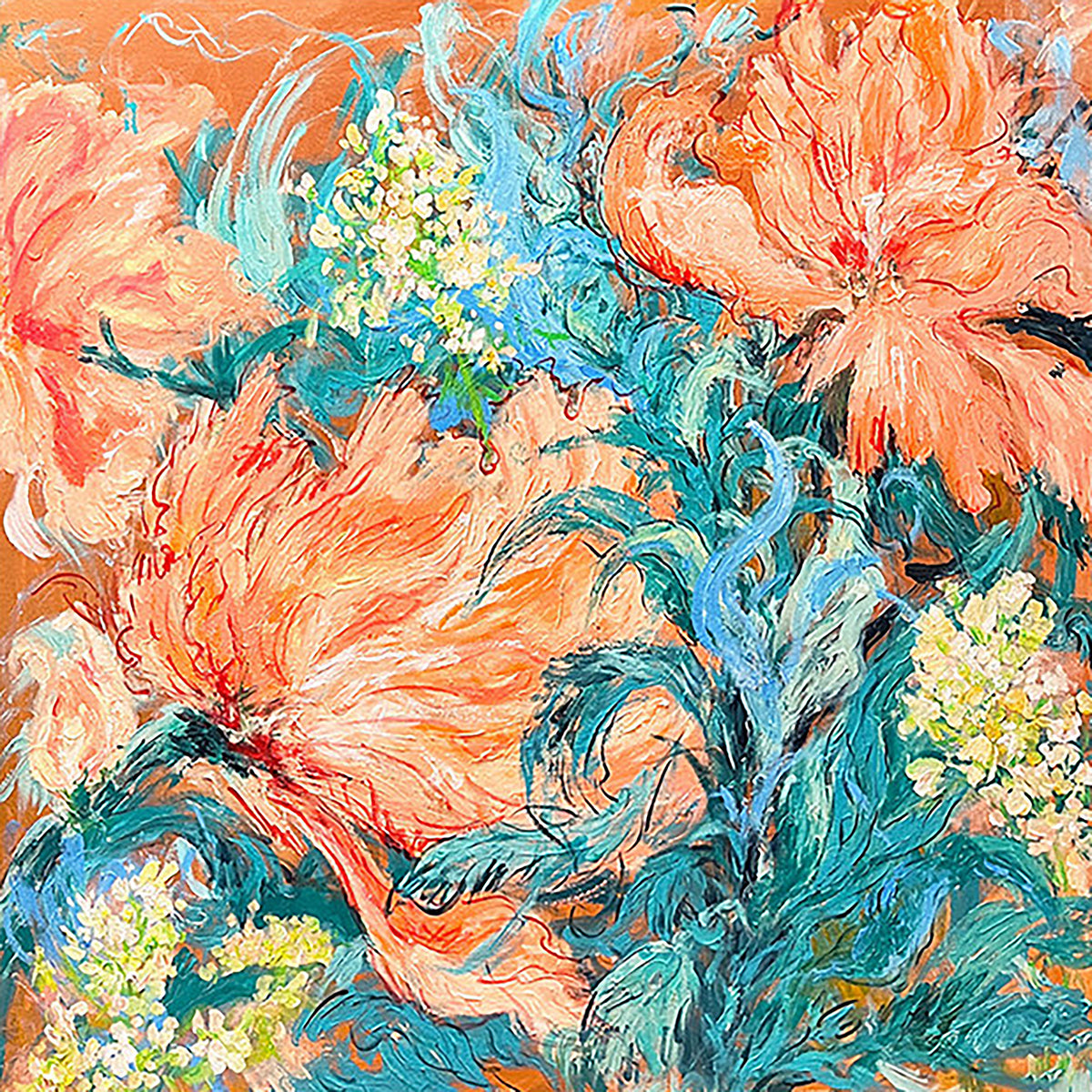 Coral flowers and teal foliage swirling in energetic brushwork