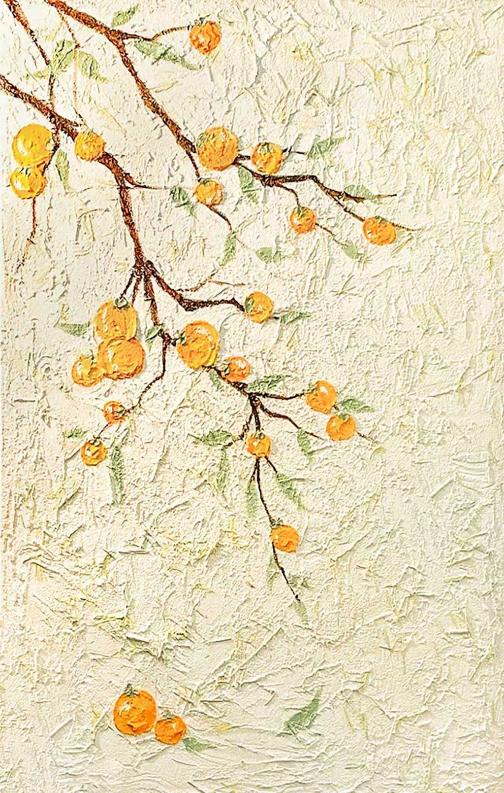 A slender twig with little orange fruits across textured cream