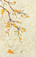 A slender twig with little orange fruits across textured cream