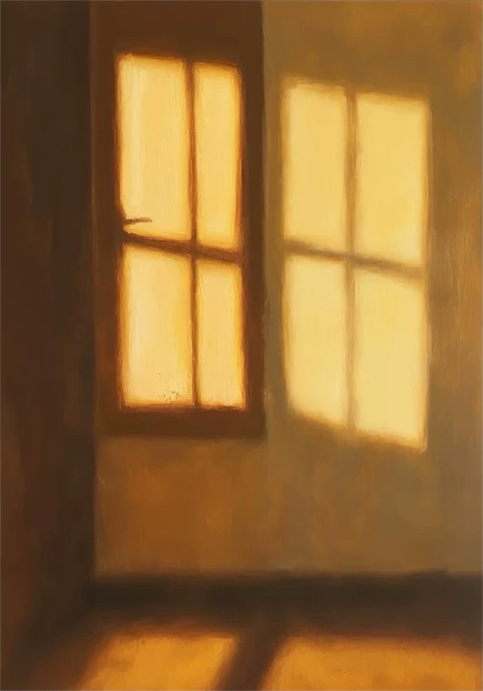 Warm golden light pouring through a window into a dim room