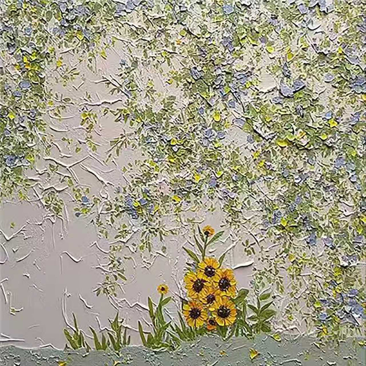 Lilac and green relief blossoms covering a wall, with sunflowers below
