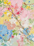 A blossoming branch over thick patches of pink, yellow and sky blue