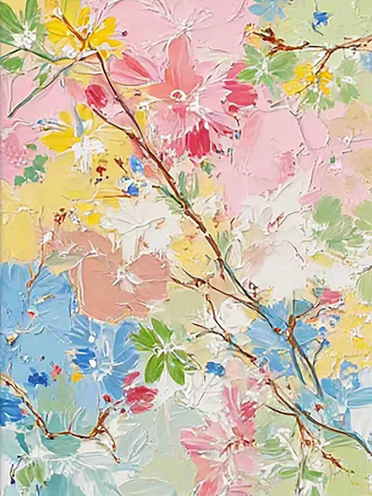 A blossoming branch over thick patches of pink, yellow and sky blue