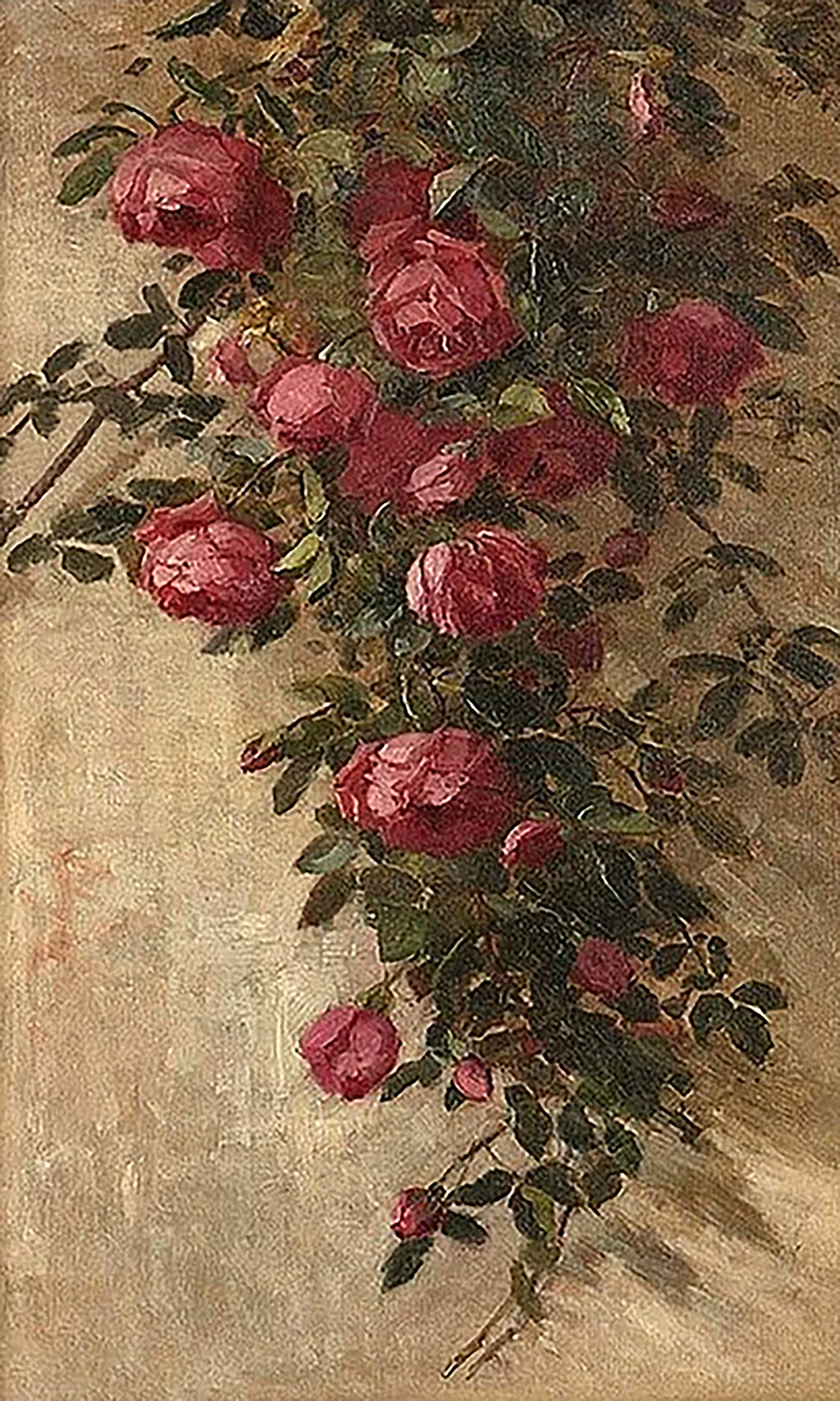 Deep red roses trailing on a dark vine over aged gold