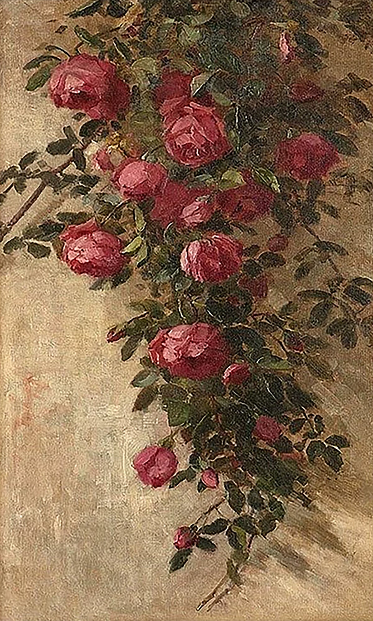 Deep red roses trailing on a dark vine over aged gold
