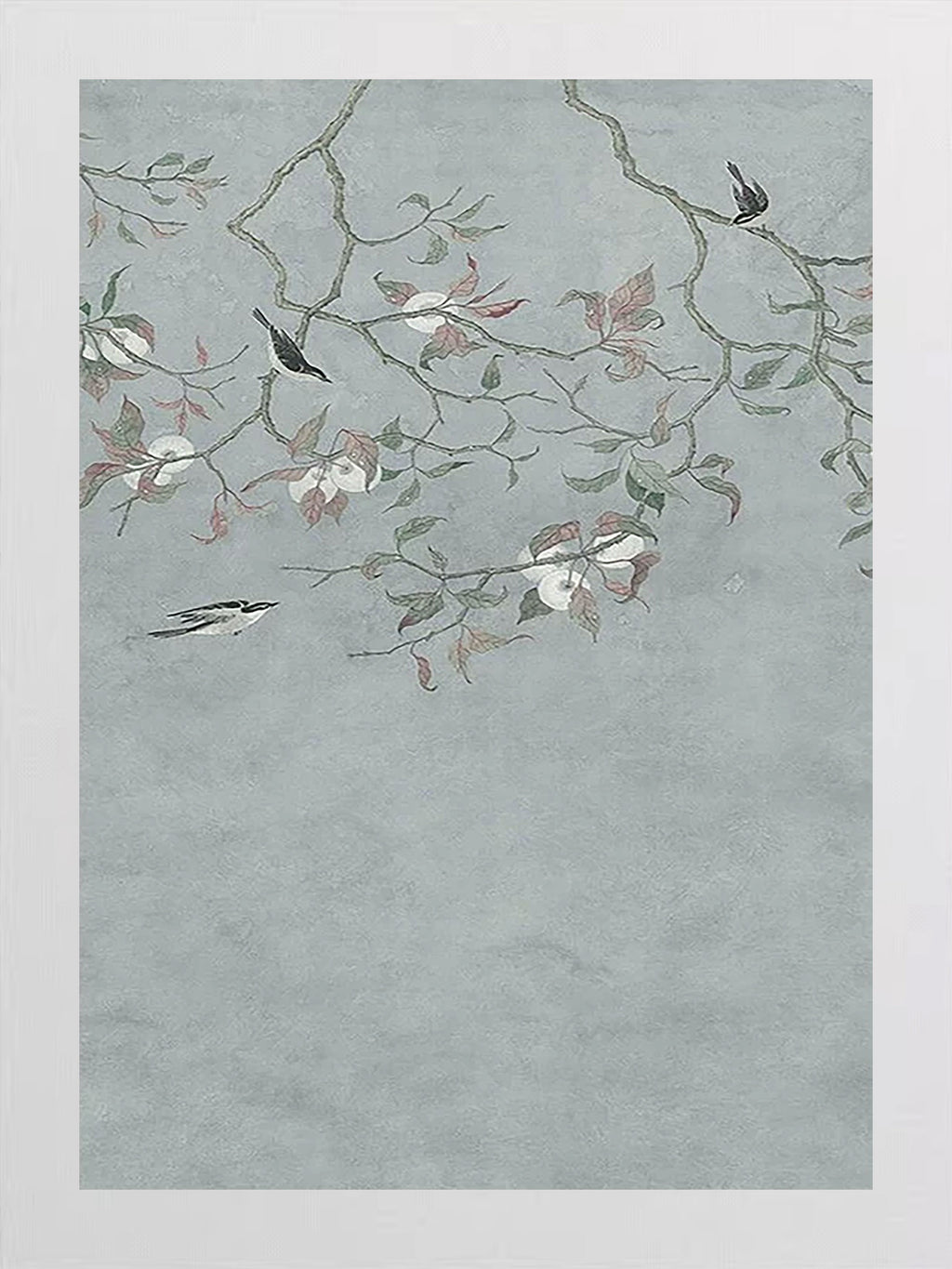 Sprays of blossom and a small bird on pale celadon