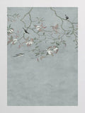 Sprays of blossom and a small bird on pale celadon
