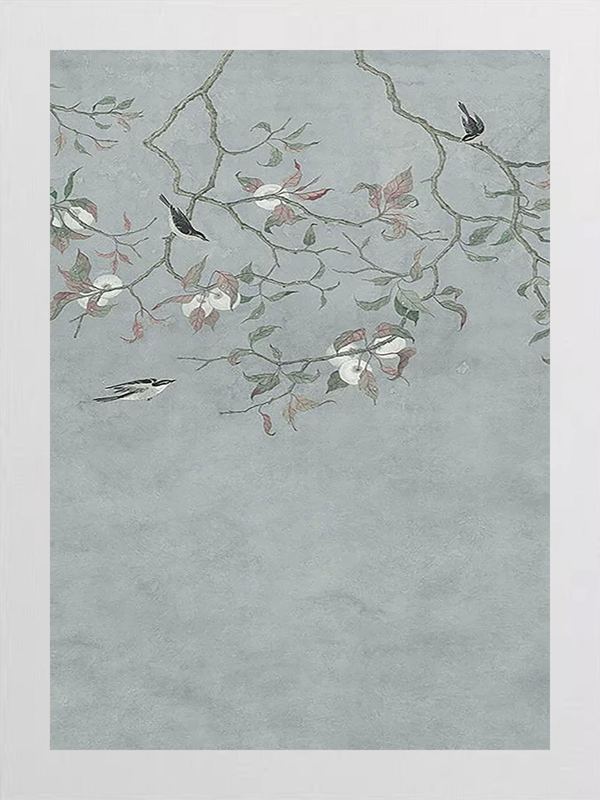Sprays of blossom and a small bird on pale celadon