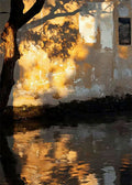 A tree and an old wall glowing gold, mirrored in dark water