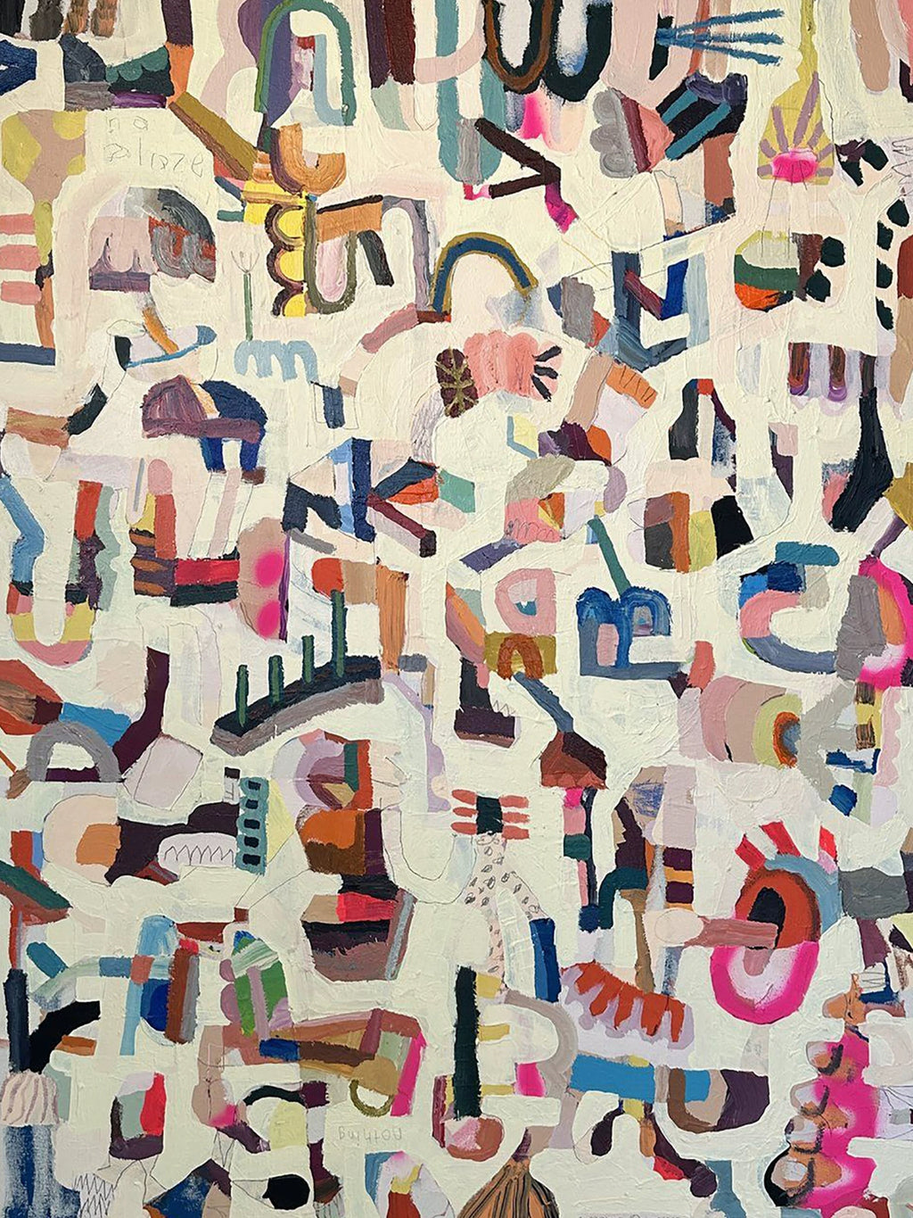 Dense scattered glyph-like shapes in pink, blue and charcoal on cream