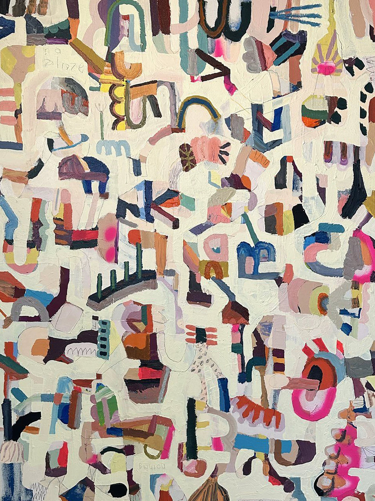 Dense scattered glyph-like shapes in pink, blue and charcoal on cream