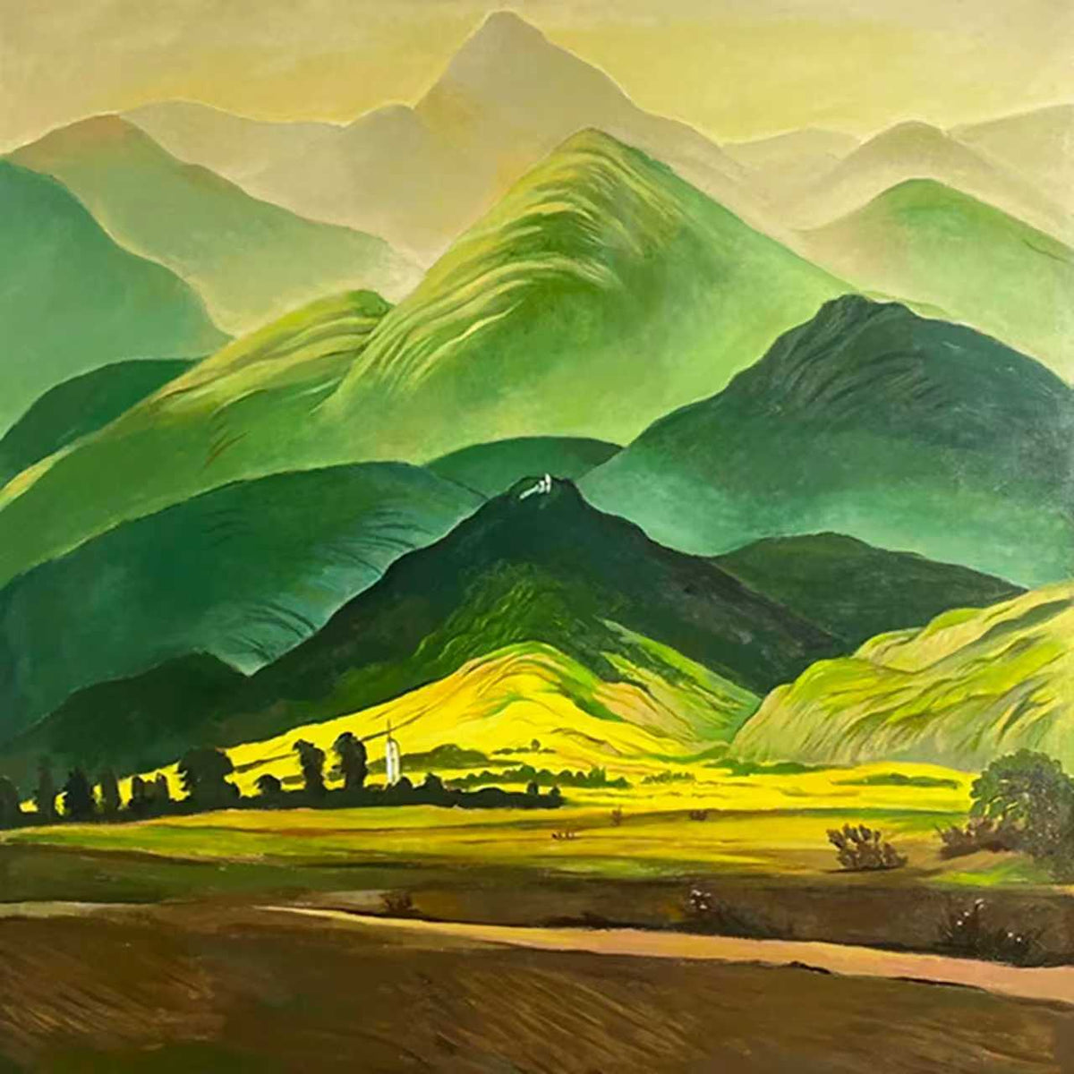 Bright green mountains folding over a sunlit yellow valley