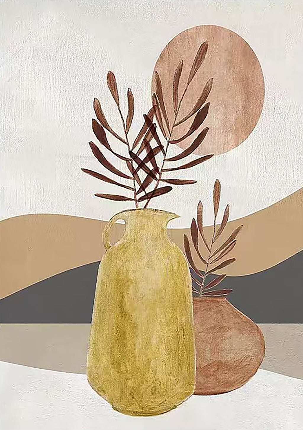 Ochre and terracotta vases with dried leaves before a rust sun