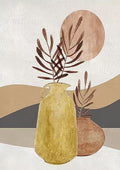 Ochre and terracotta vases with dried leaves before a rust sun