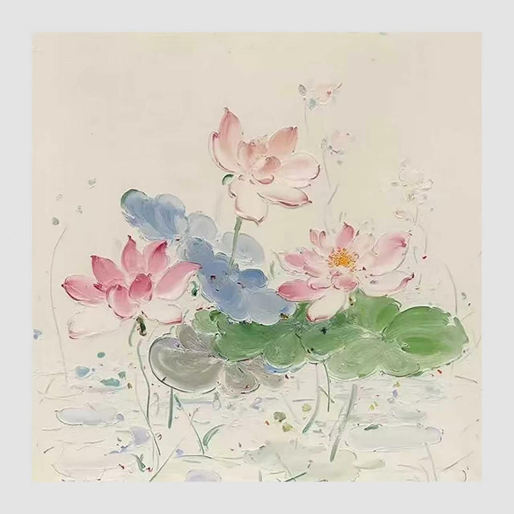 Pink lotus and blue-green leaves in loose pastel paint