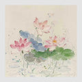 Pink lotus and blue-green leaves in loose pastel paint