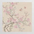 Pink magnolia branches and small butterflies on pale beige