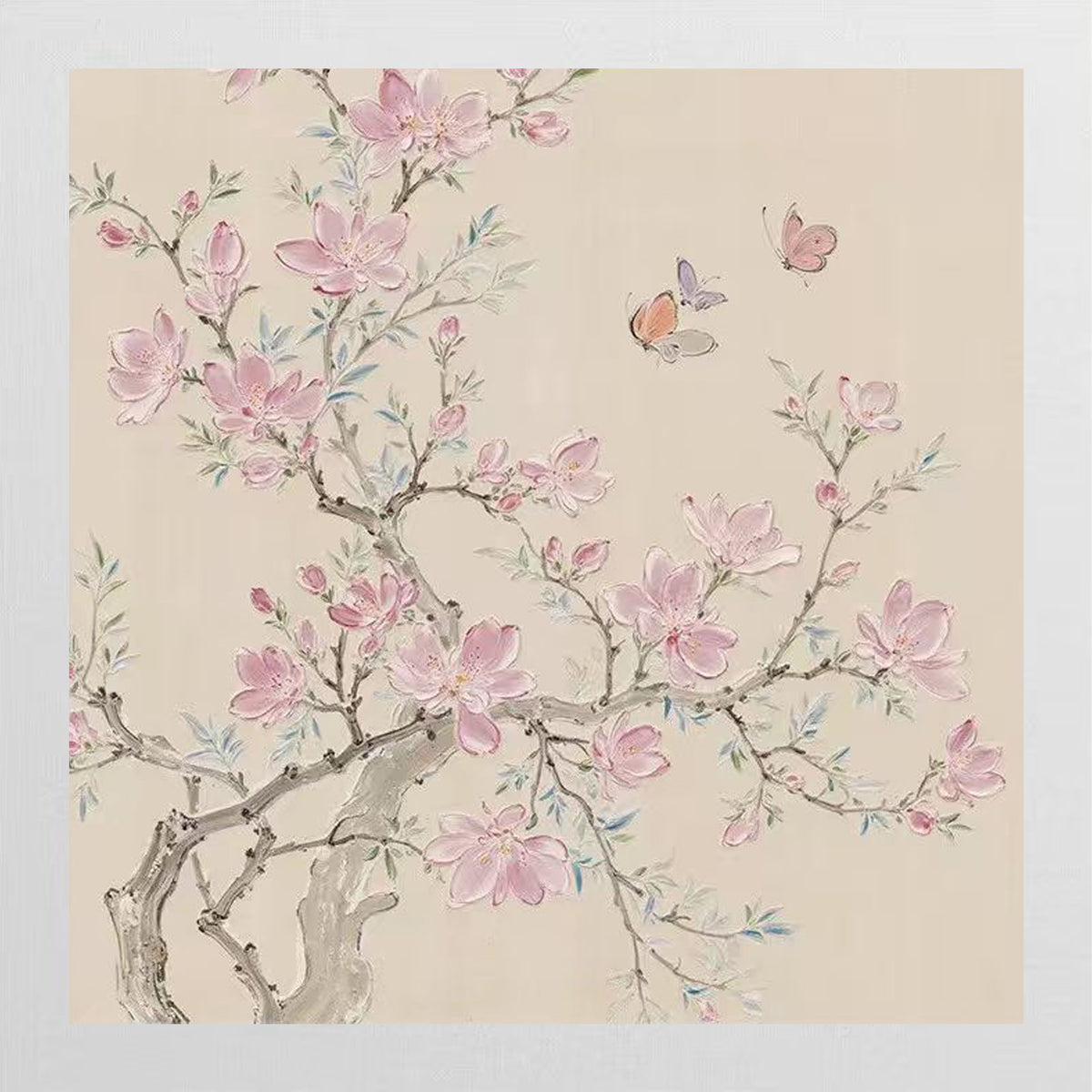 Pink magnolia branches and small butterflies on pale beige