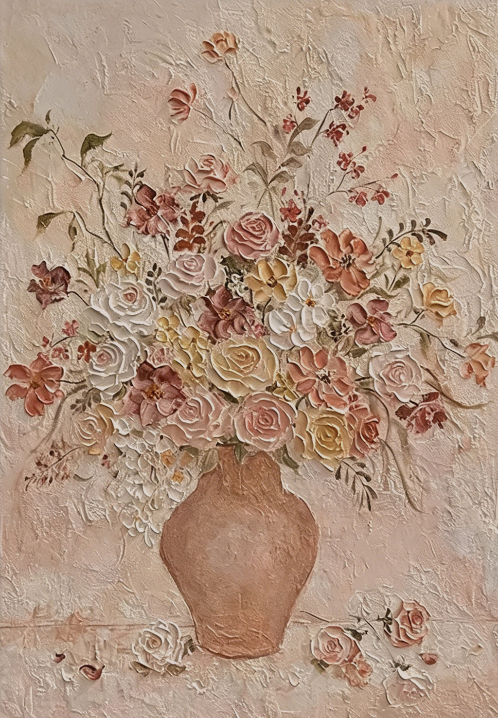 A sculpted bouquet of blush and coral roses in a terracotta vase