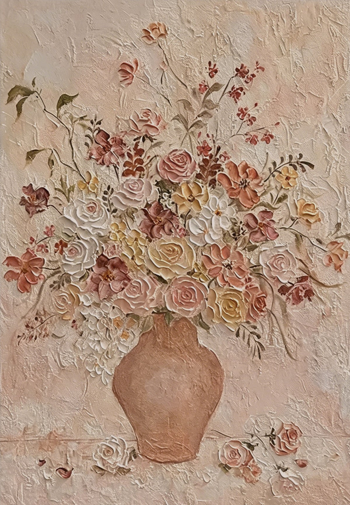 A sculpted bouquet of blush and coral roses in a terracotta vase