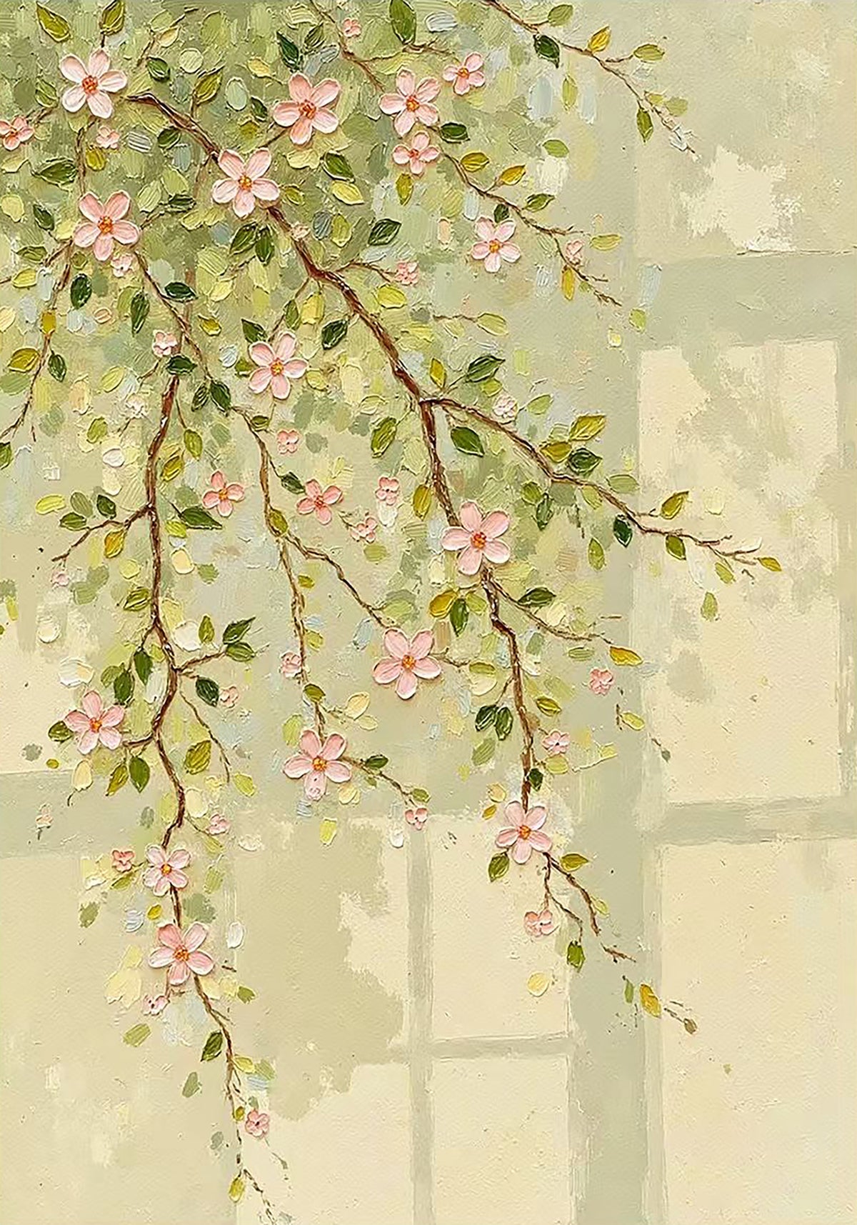 Pink blossom sprays hanging before a pale sunlit window