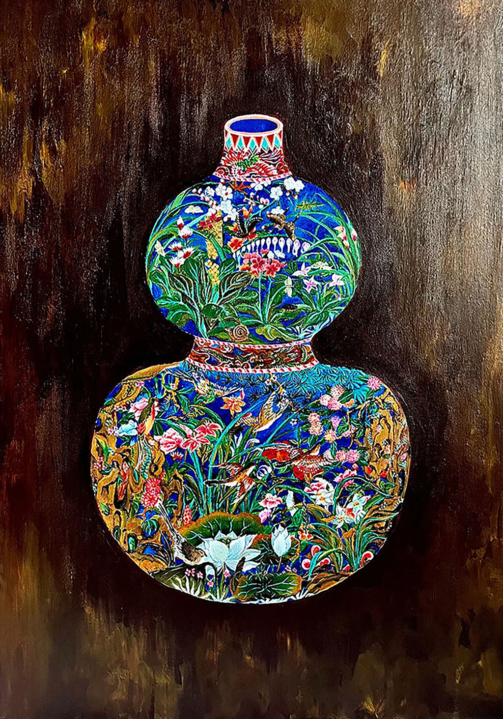 A jewel-coloured gourd vase with flowers and birds on dark brown