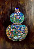 A jewel-coloured gourd vase with flowers and birds on dark brown