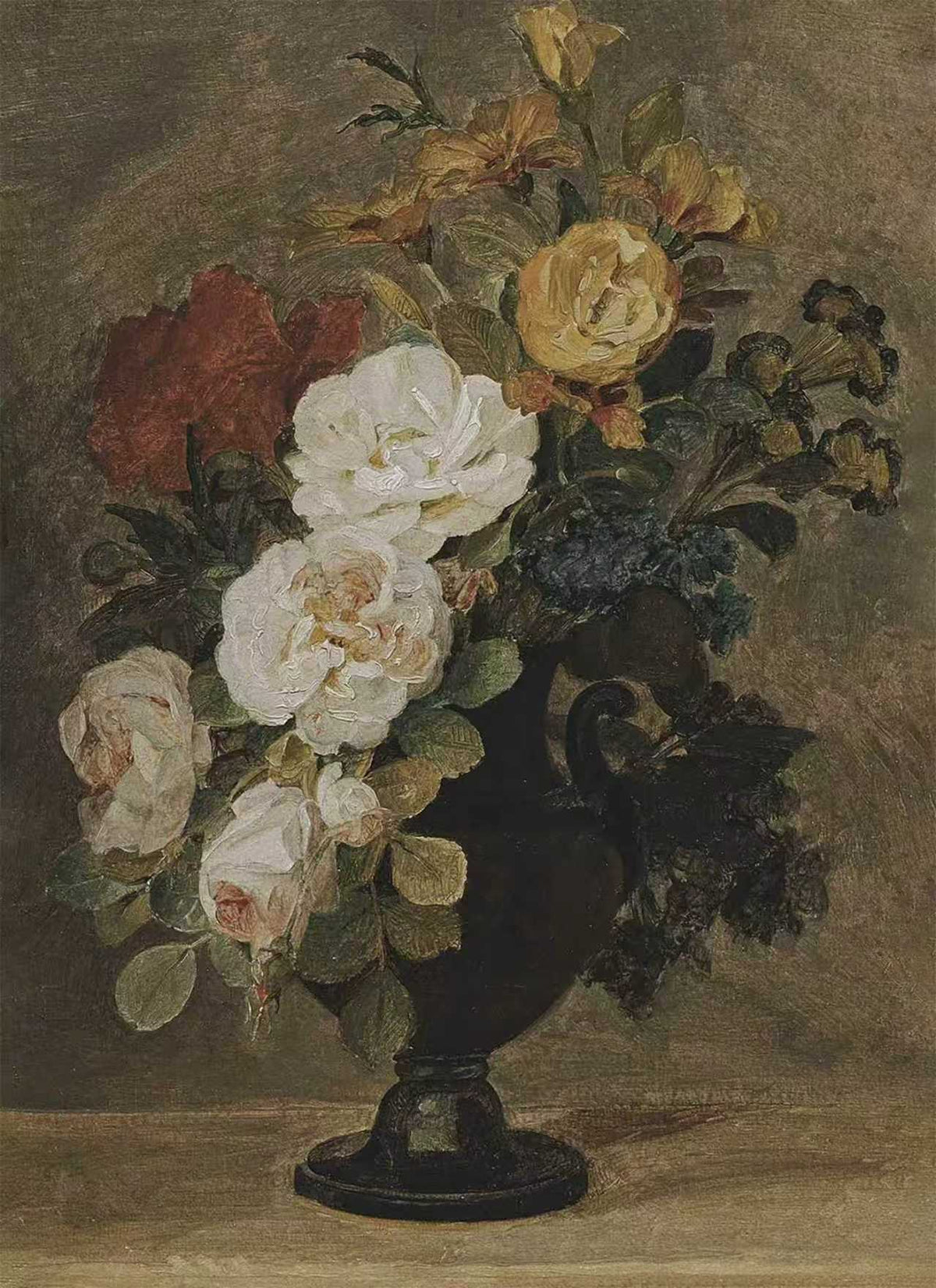 Roses and blooms in a dark urn in old-master tones