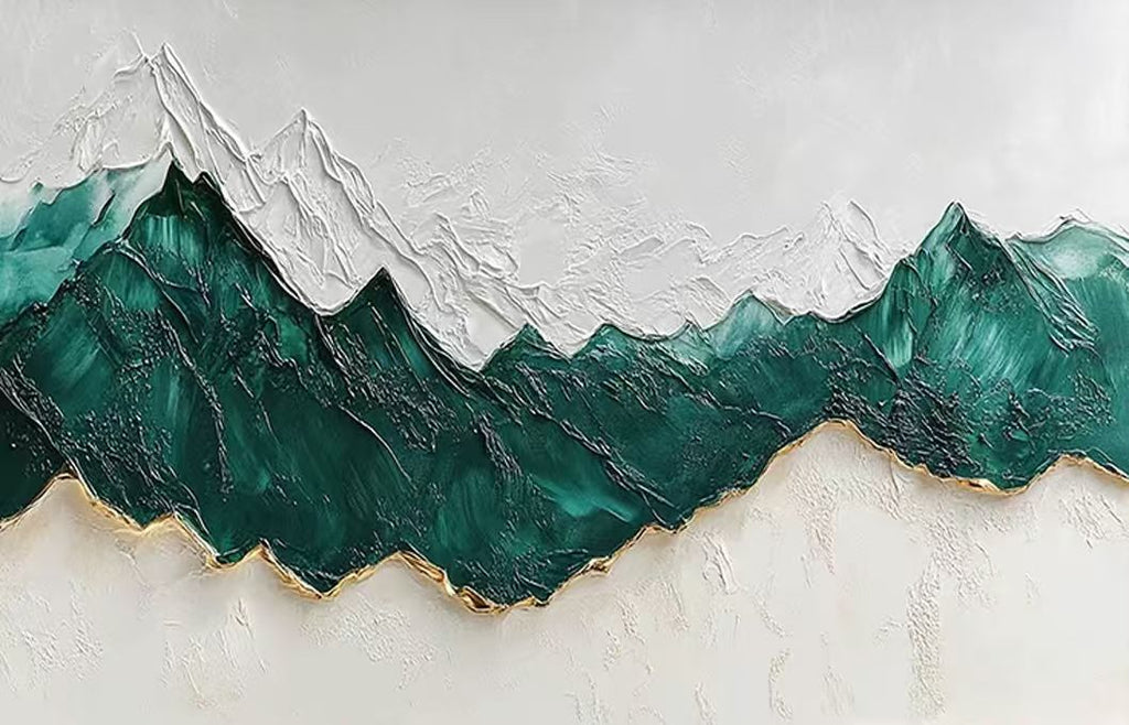 A jagged jade-green mountain ridge in sculpted paint on white